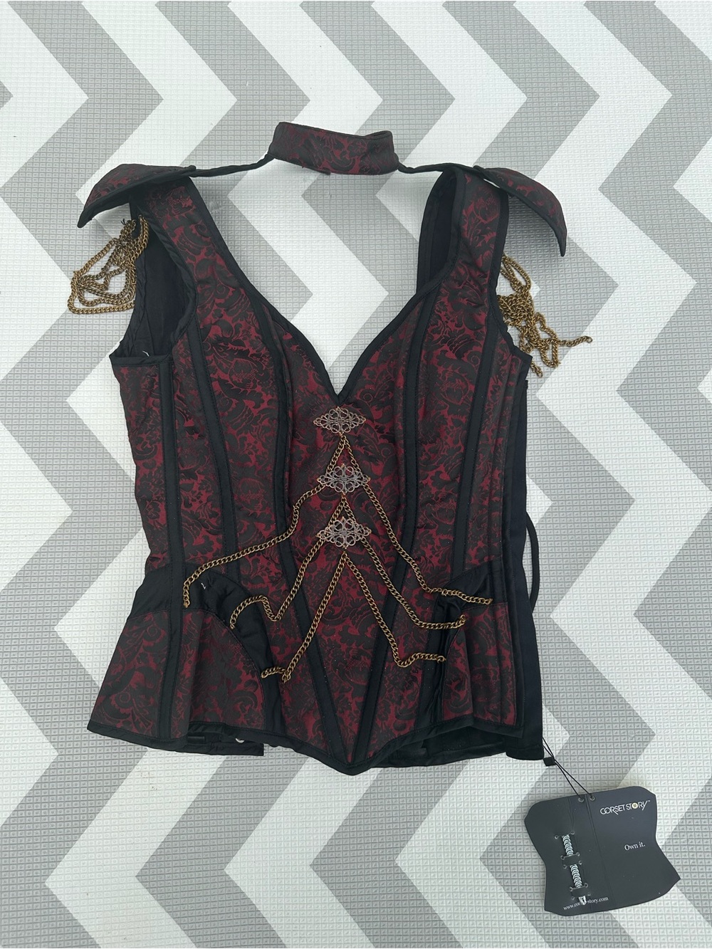 Red and Black Brocade Chain Corset Top